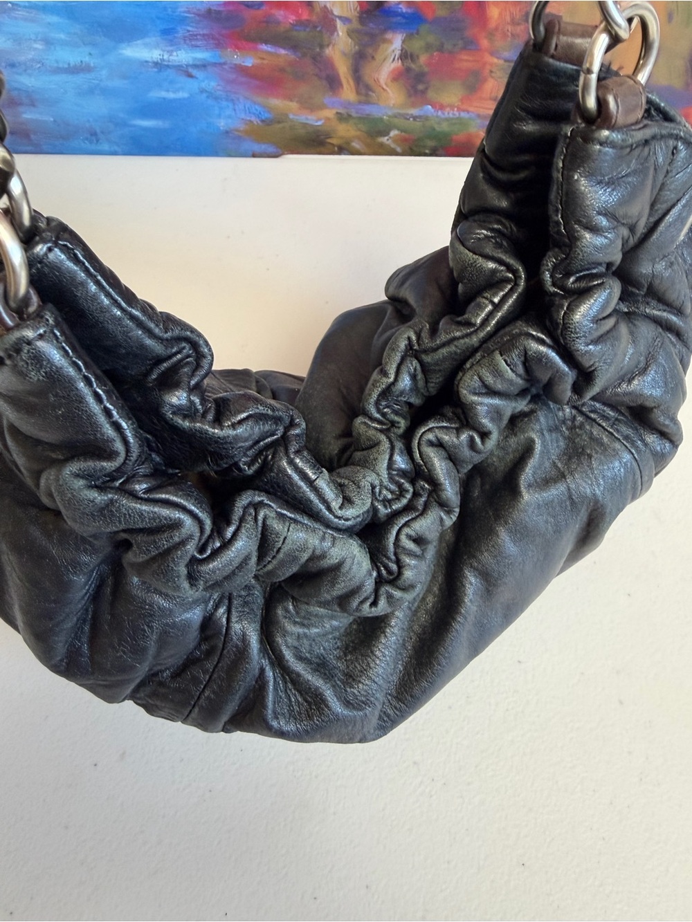 BCBGMaxAzria Black Ruched Leather Hobo with Chain-Strap - Picture 7 of 14